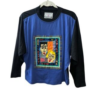 PINKY Play Clothing Company Graphic Patch VintageTop Blue Black Faces Art 80's